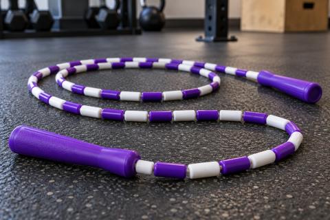 Corde à sauter perlée violette et blanche sur le sol d’une salle de sport
