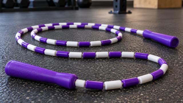 Corde à sauter perlée violette et blanche sur le sol d’une salle de sport