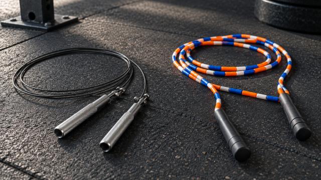Une corde de vitesse et une corde perlée sur le sol d’une salle de sport