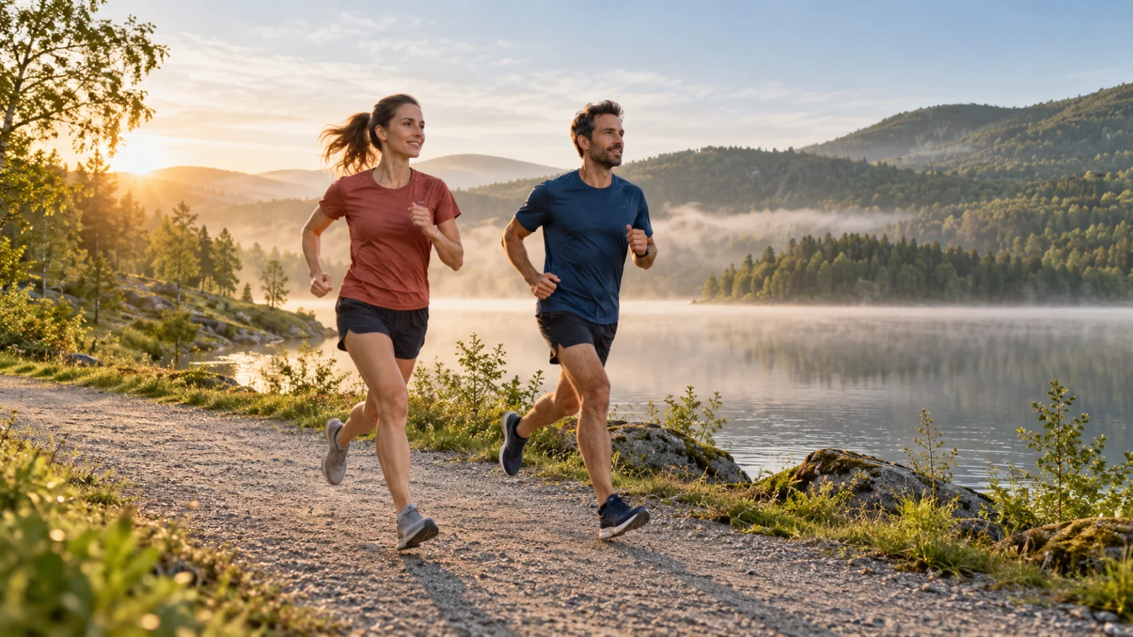 Deux coureurs sur un sentier au bord d’un lac.