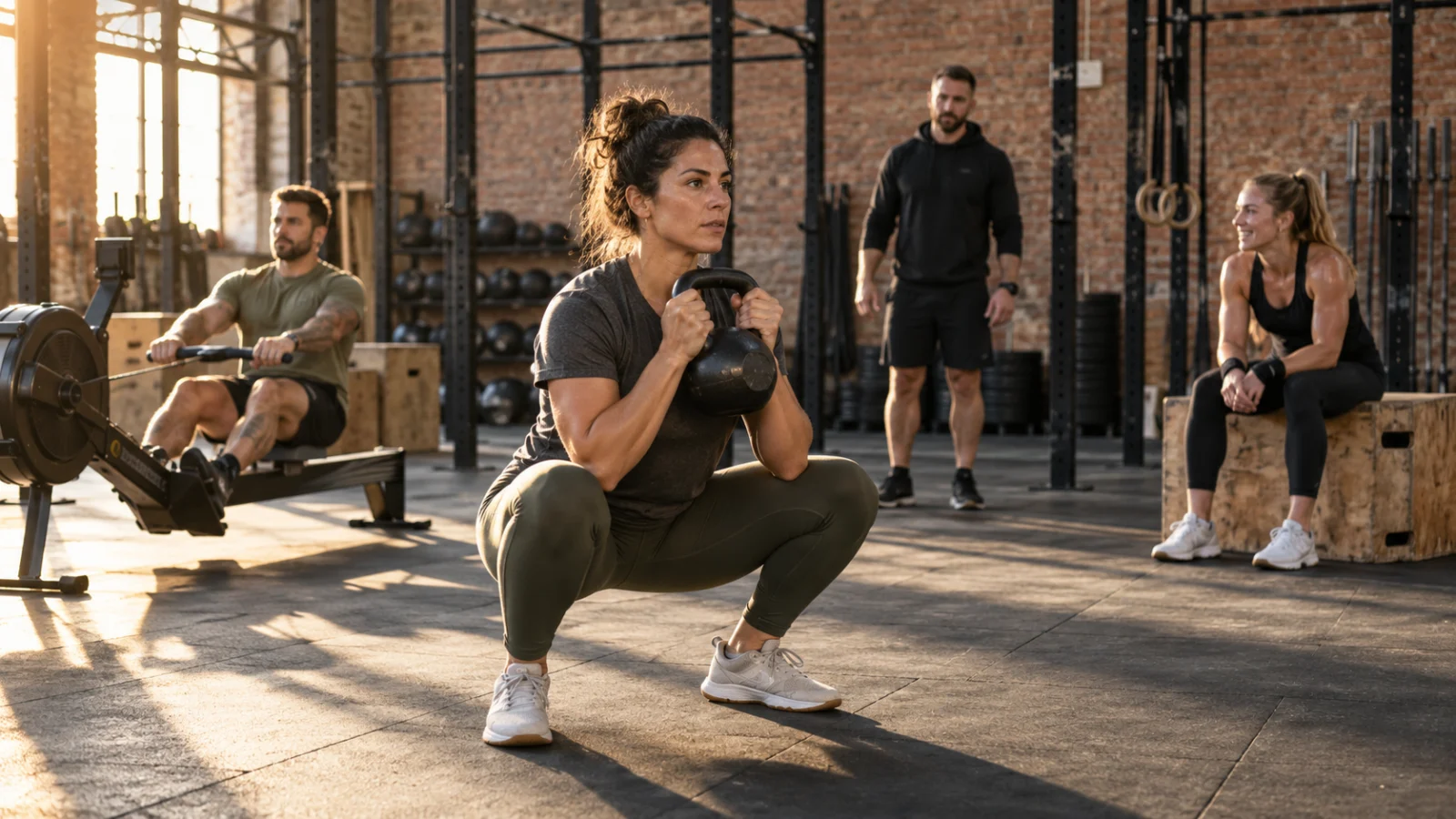 Séance collective de CrossFit dans une salle en briques, avec un coach.