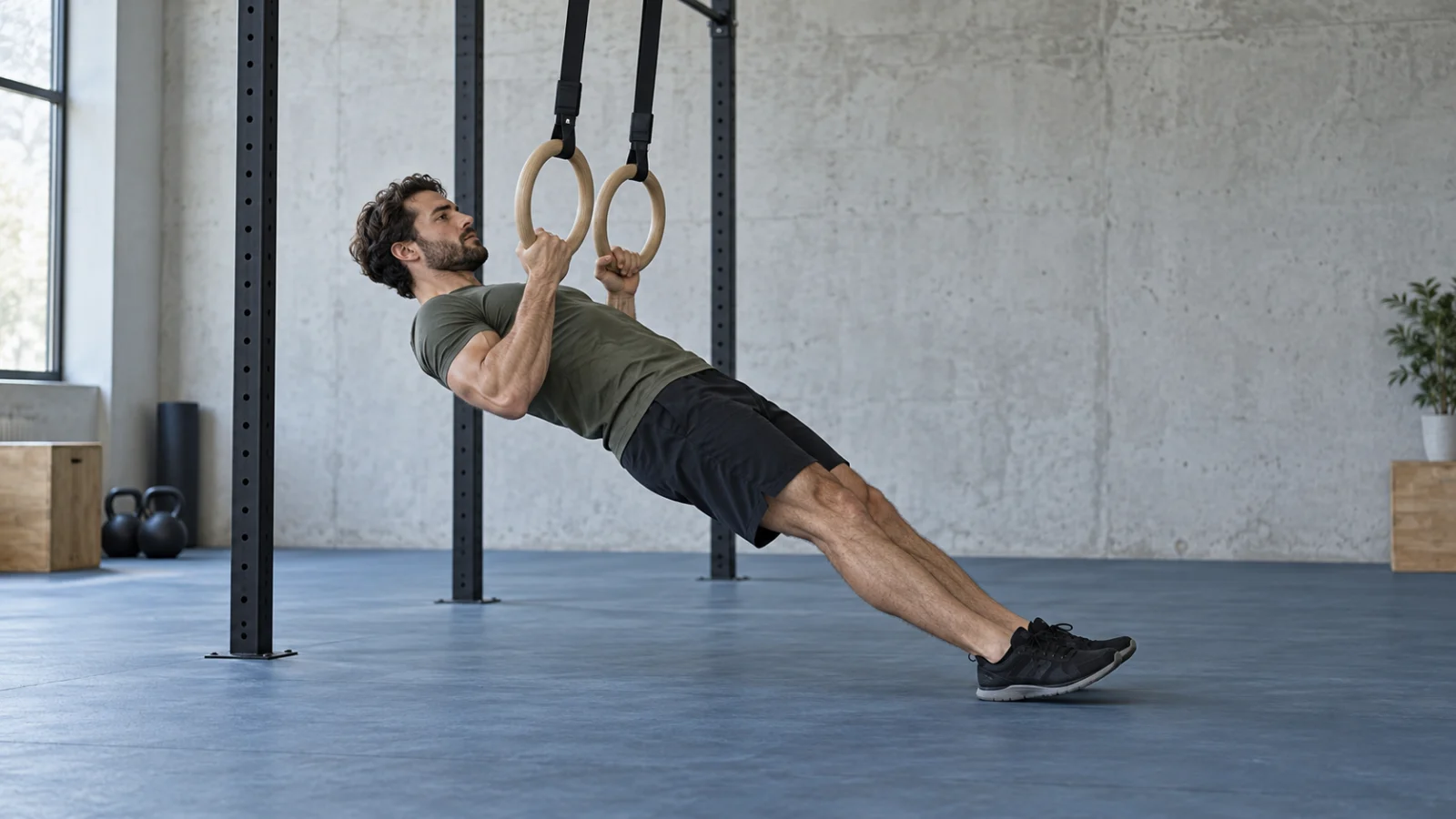 Athlète réalisant un tirage aux anneaux dans un studio de gymnastique.