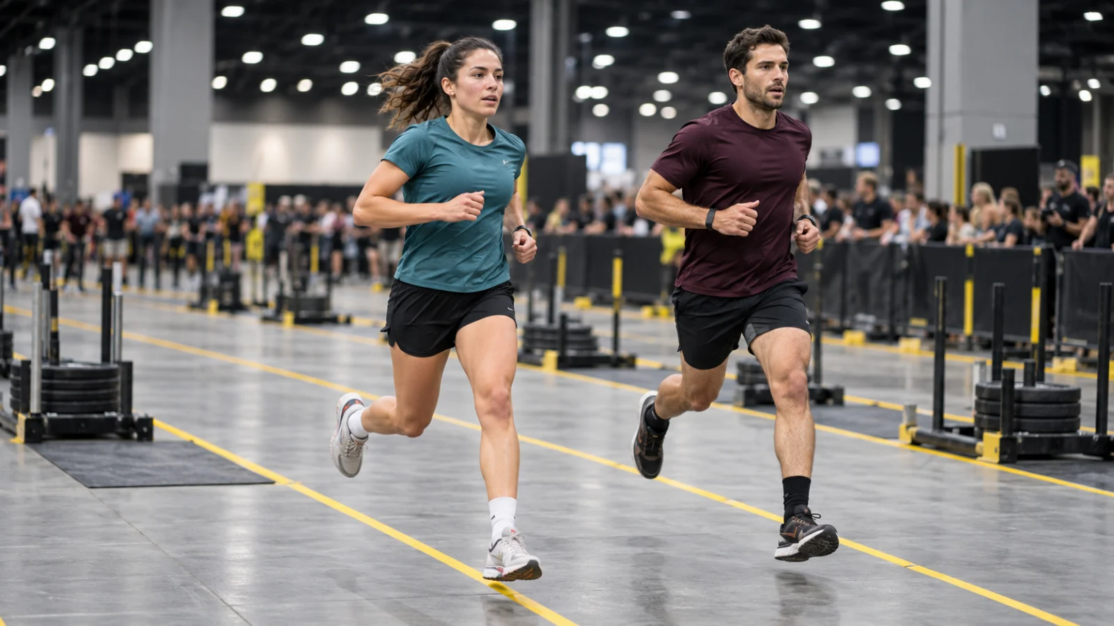 Deux athlètes courent dans une arène de fitness entre les stations.