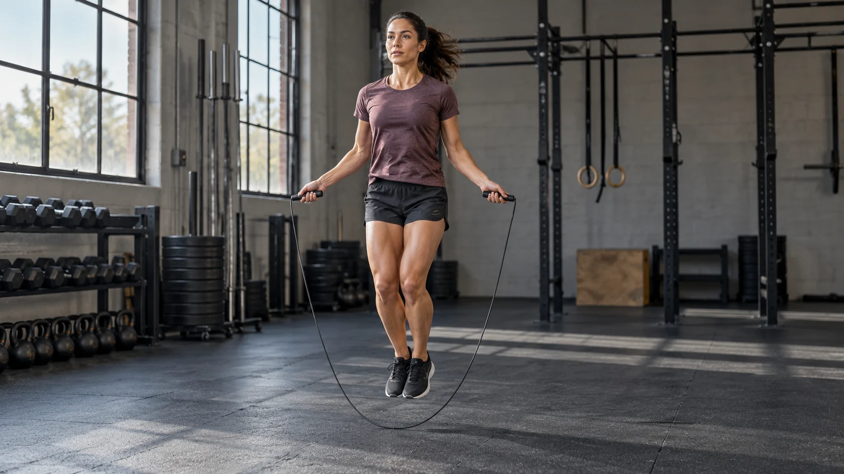 Athlète effectuant un saut simple à la corde dans une salle d’entraînement.