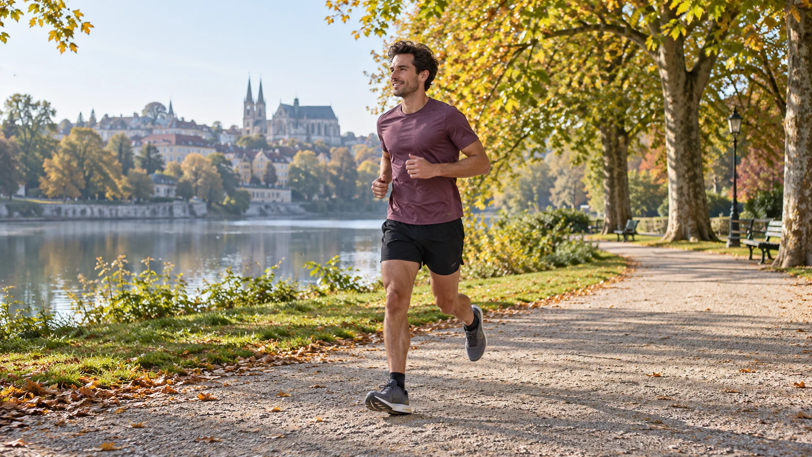 Coureur sur un chemin de parc en automne.