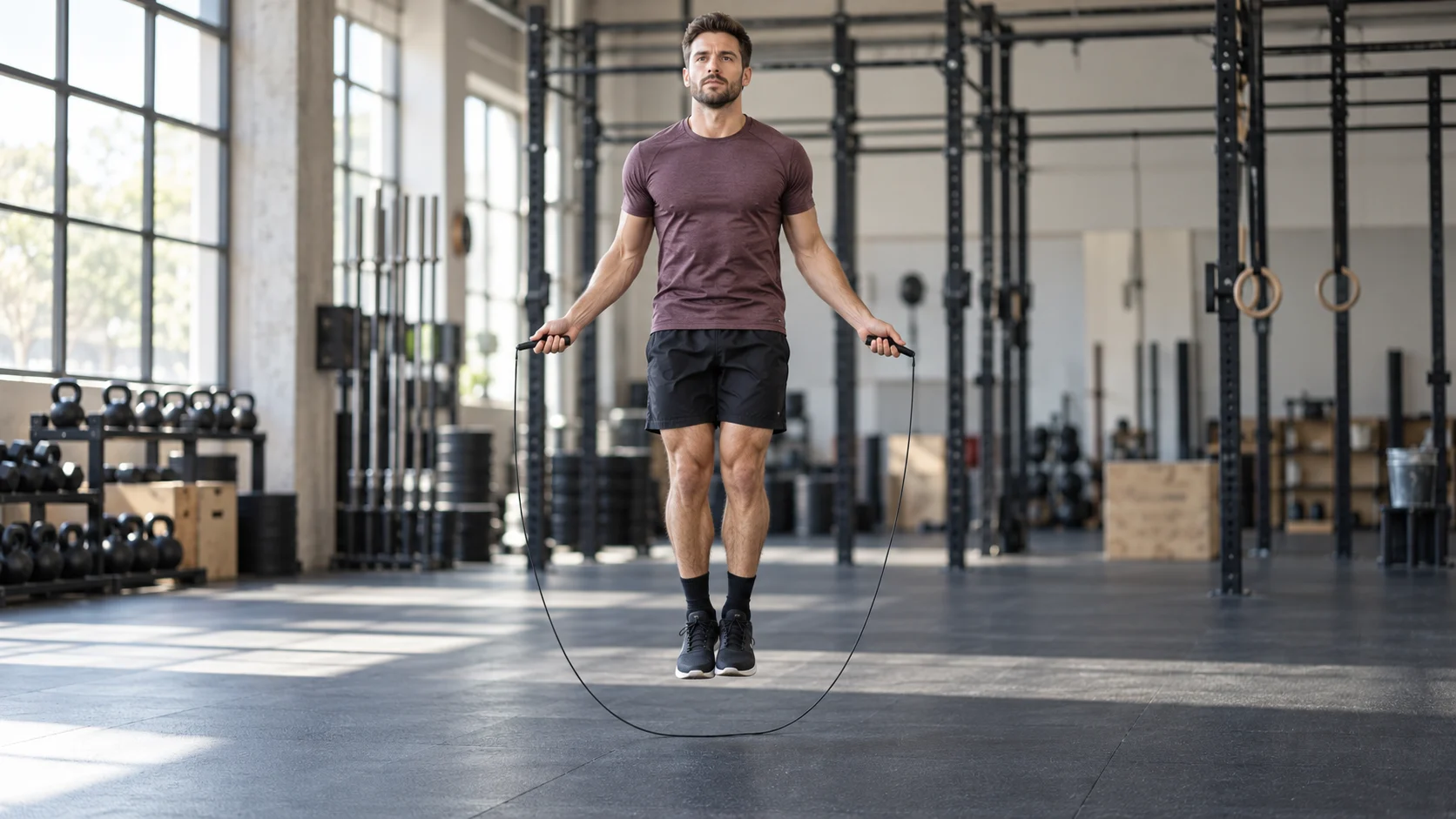Athlète en suspension pendant un saut à la corde, pieds joints et poignées près des hanches.