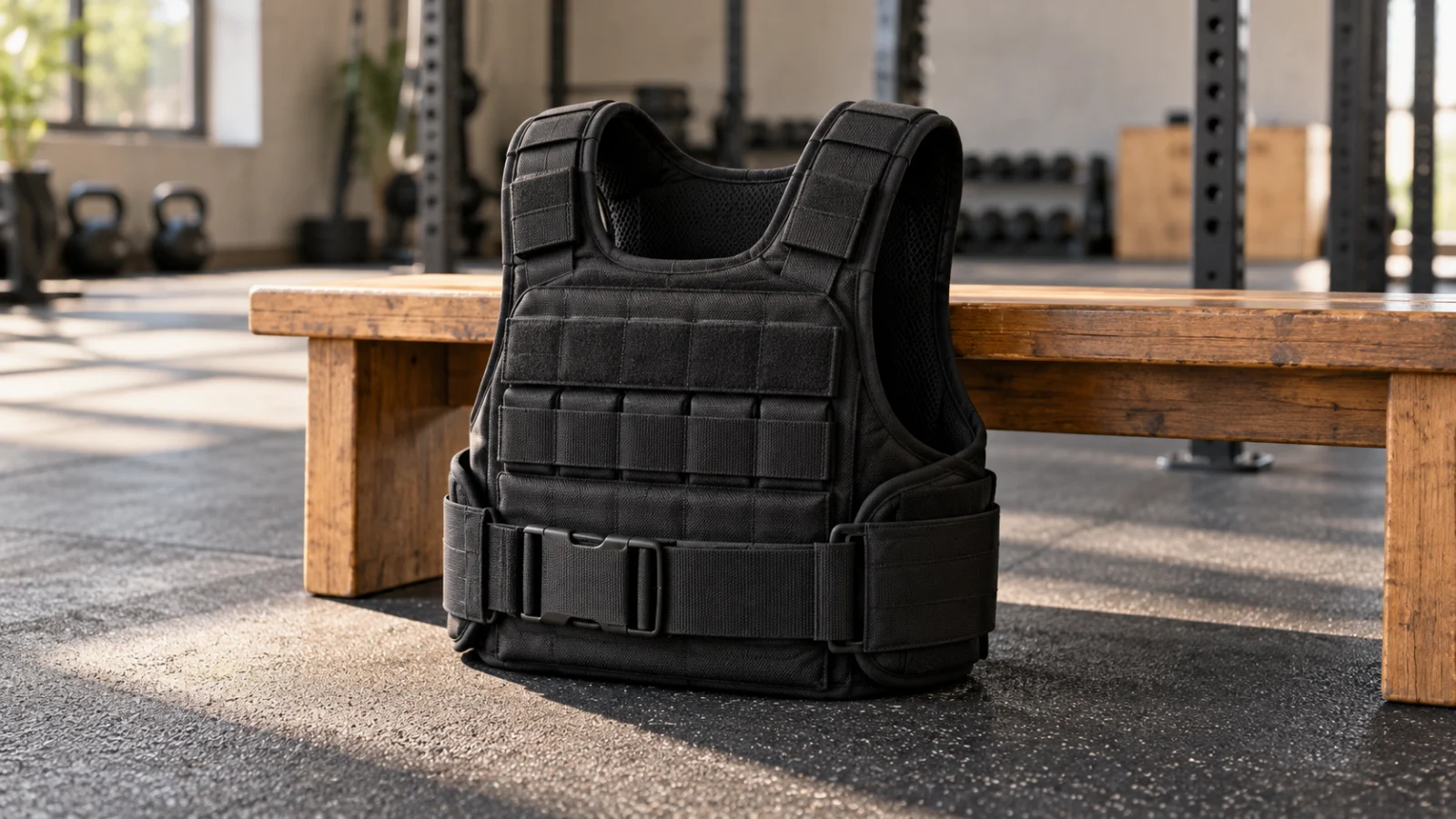 Gilet lesté noir posé contre un banc dans une salle d’entraînement.