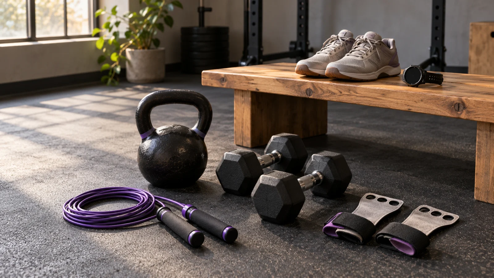 Sélection de matériel d’entraînement : kettlebell, haltères, corde à sauter, maniques, chaussures et montre.