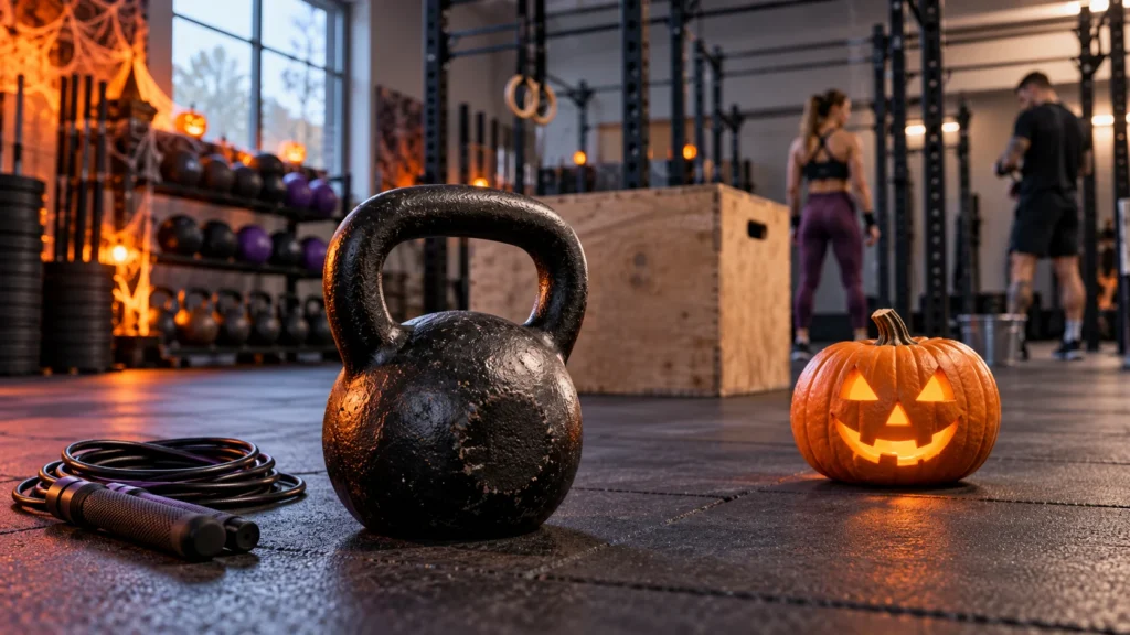 A kettlebell, jump rope and pumpkin in a functional training gym.