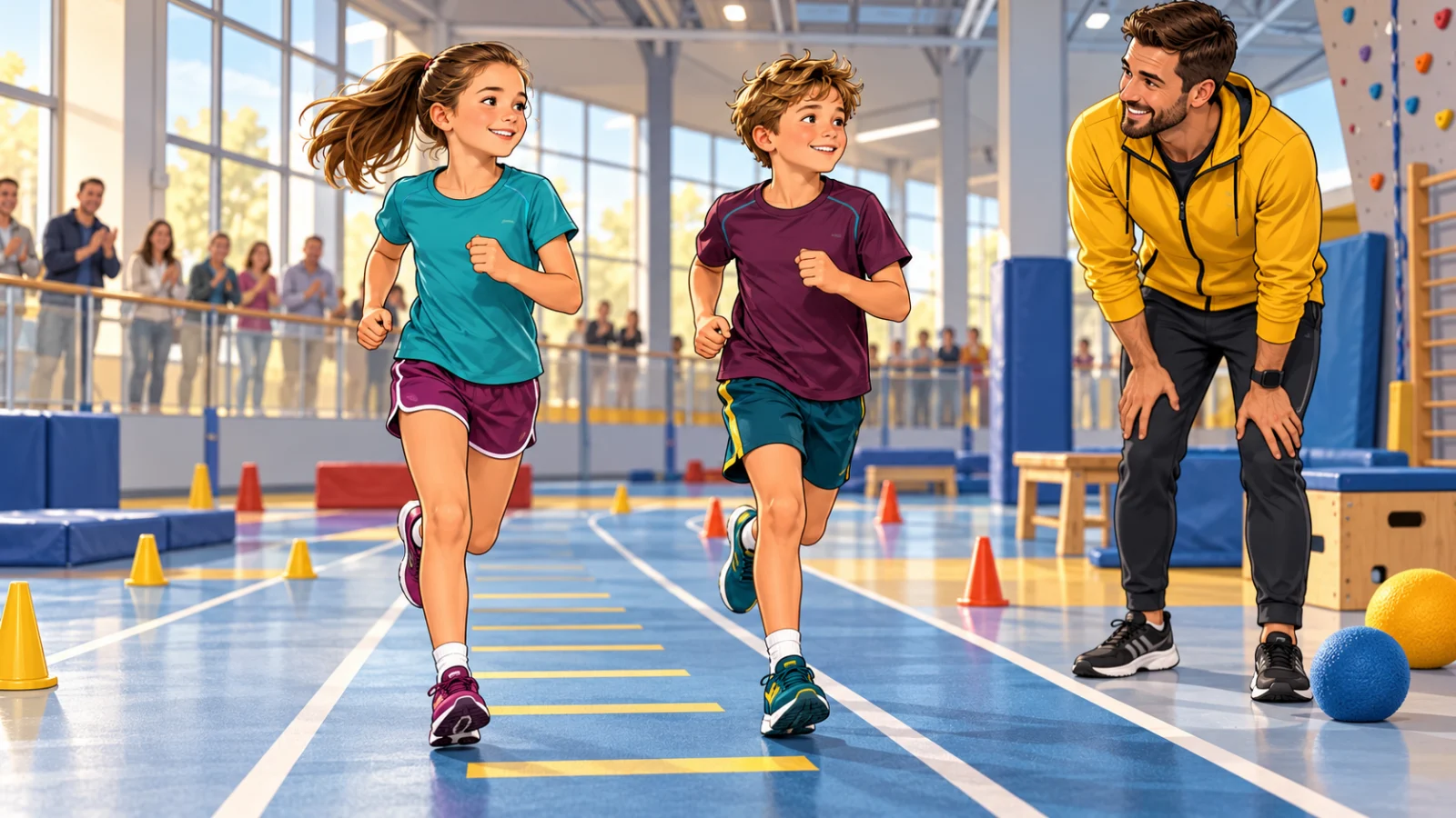 Illustration de deux enfants courant dans une salle de sport sous la supervision d’un adulte.