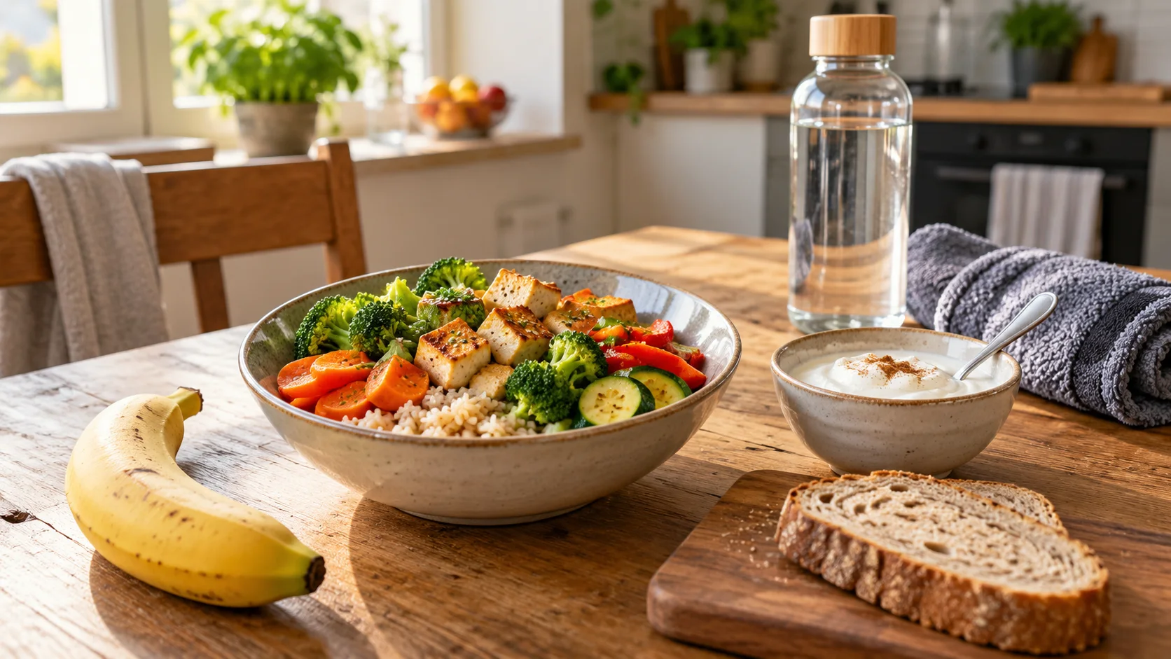 Repas avec riz, tofu et légumes, fruit, yaourt et eau.