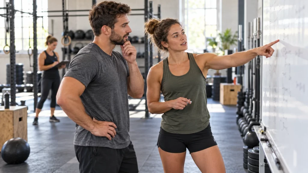 Deux athlètes préparent une séance ensemble dans une salle de sport.