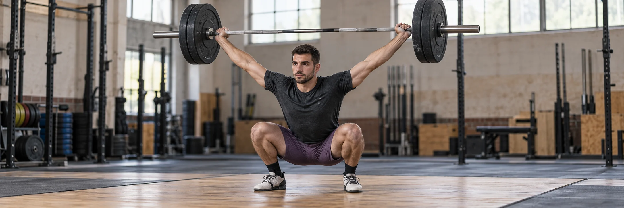Haltérophile en réception de snatch, barre stabilisée au-dessus de la tête.