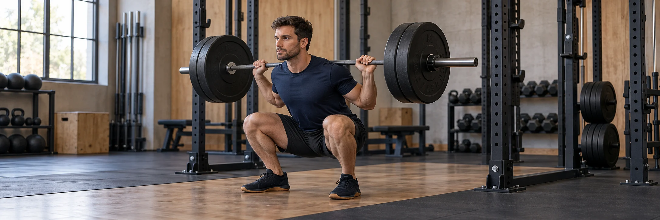 Athlète en position basse de back squat, barre sur le haut du dos et pieds au sol.