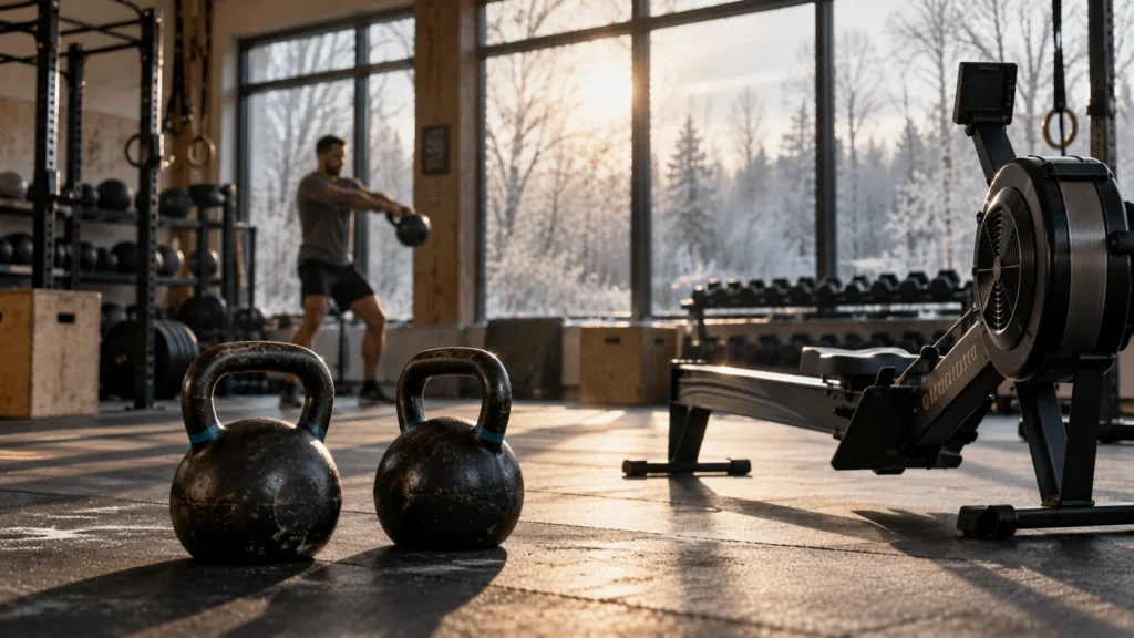 Kettlebells et rameur dans une salle éclairée par le soleil froid de février.