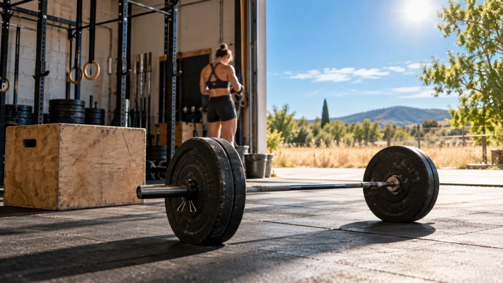 Barre et box dans une salle de CrossFit ouverte sur le soleil de juillet.