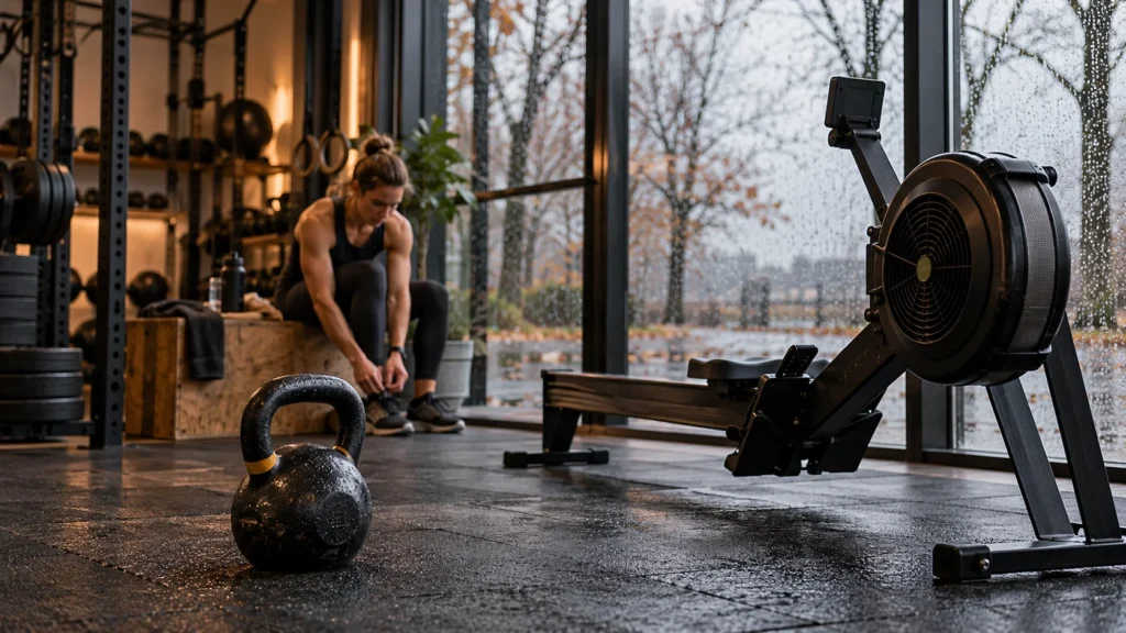 Kettlebell et rameur dans une salle donnant sur une journée pluvieuse de novembre.